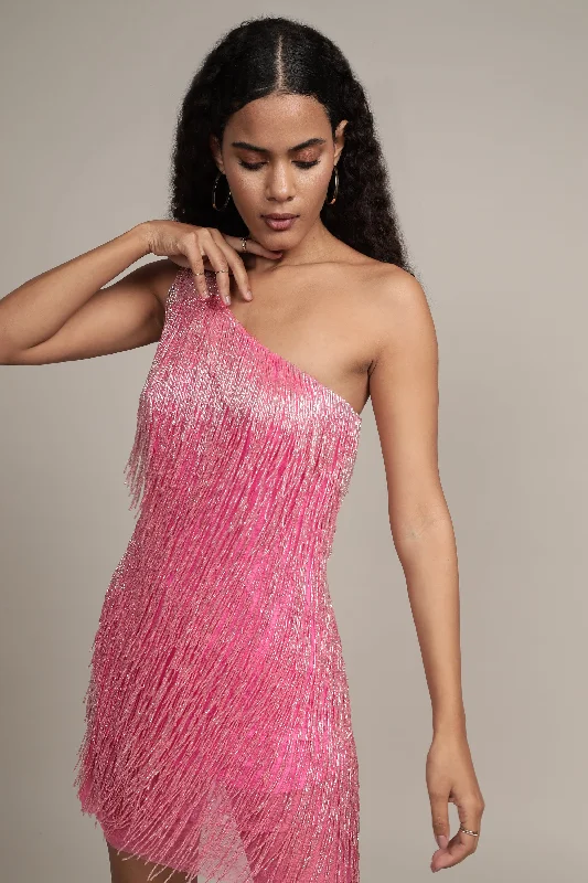 Athena Embellished Pink Fringe Mini Dress