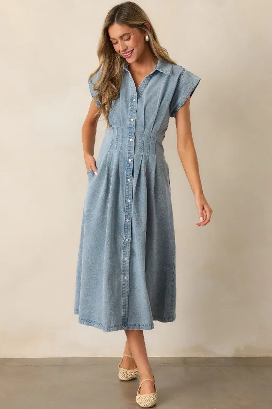 Classic Tea Party Light Wash Denim Button Front Pleated Midi Dress