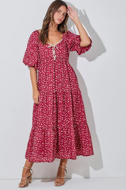 Red Floral Puff Sleeve Tiered Maxi Dress