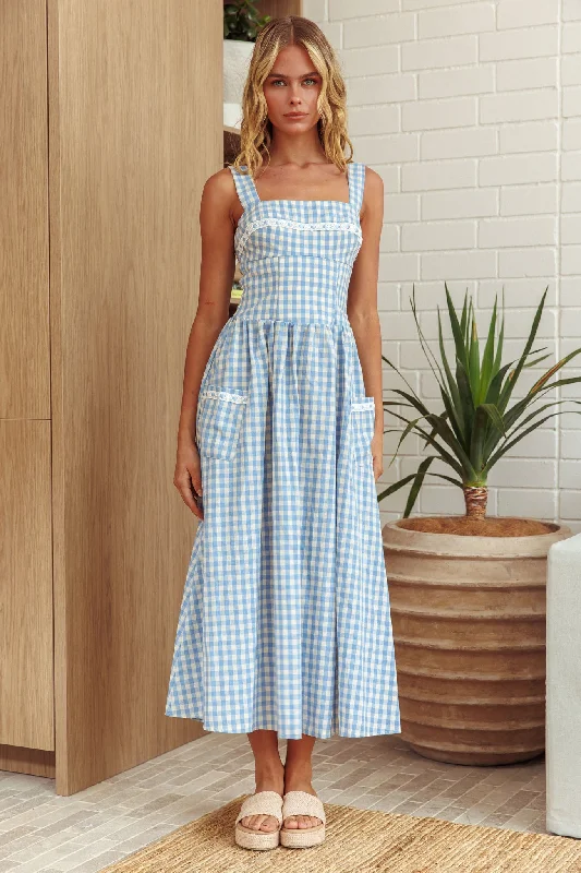 Elderflower Front Pocket Maxi Dress Gingham Baby Blue