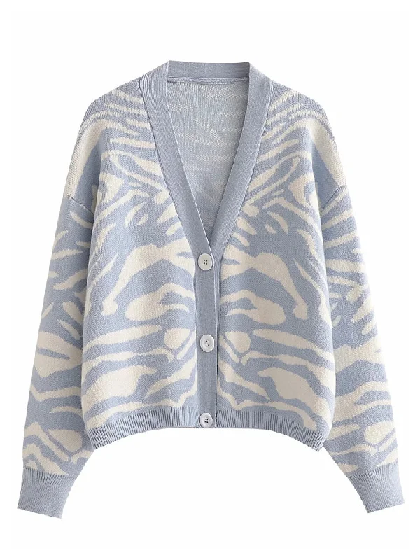 Versatile animal jacquard V-Neck long sleeve loose knit cardigan coat  7247