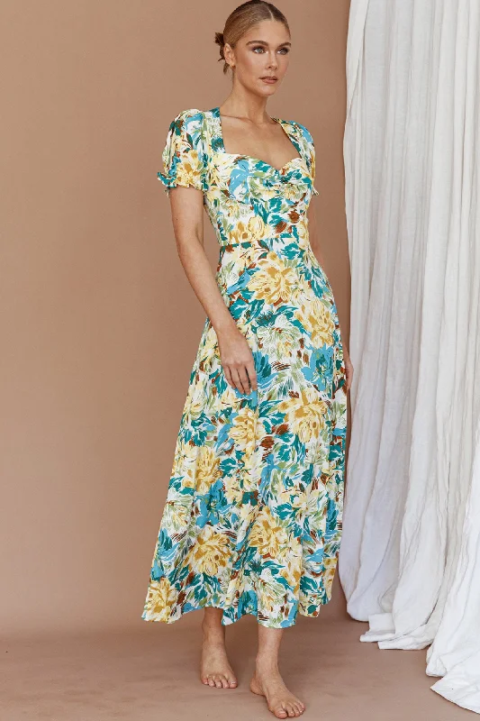 Montebello Puff Sleeve Maxi Dress Floral Blue/Yellow