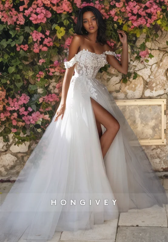 Sexy Tulle A-Line Off-Shoulder Empire Appliques With Side Slit Wedding Dress