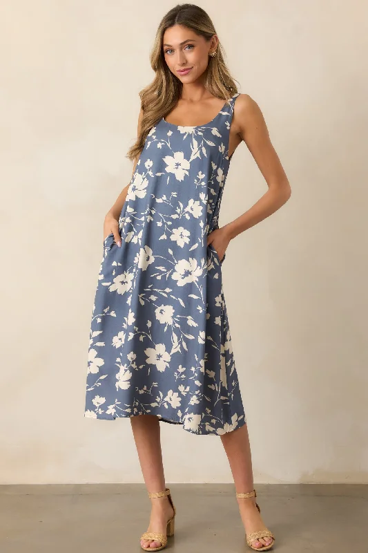 Breezing By Dusty Blue Floral Midi Dress