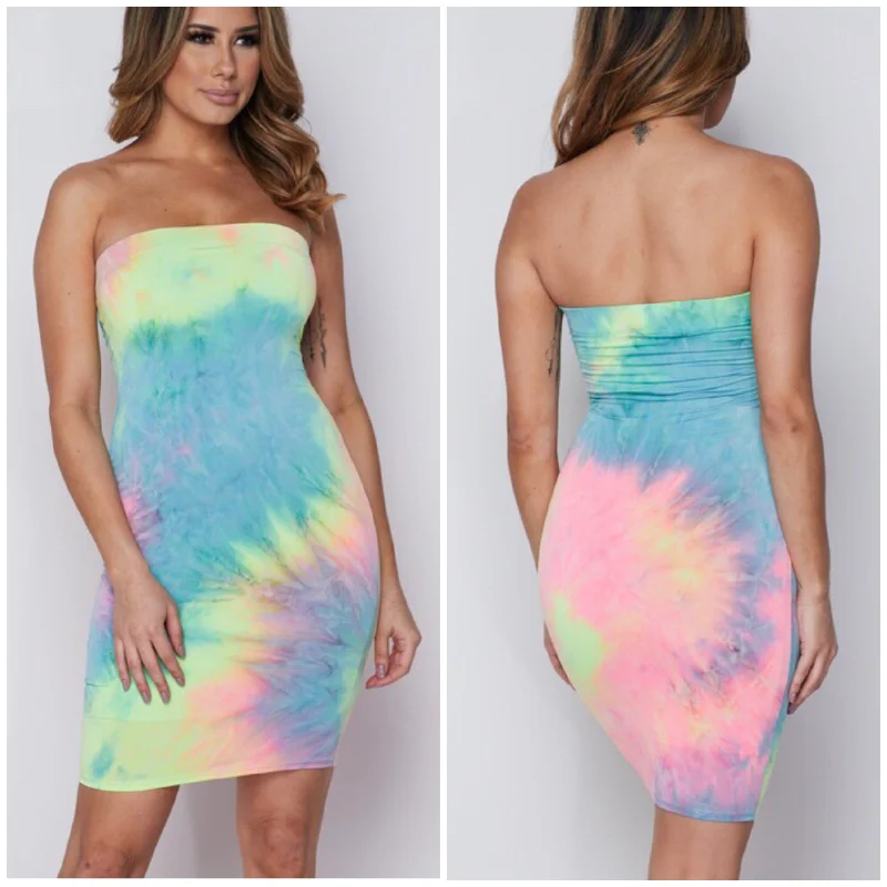 Sorbet Neon Tie Dye Tube Strapless Bodycon Stretch Dress