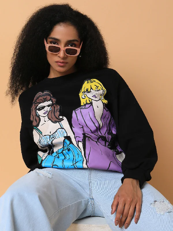 Women Graphic Black Oversized Pullover