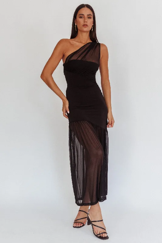 Passion One-Shoulder Mesh Maxi Dress Black