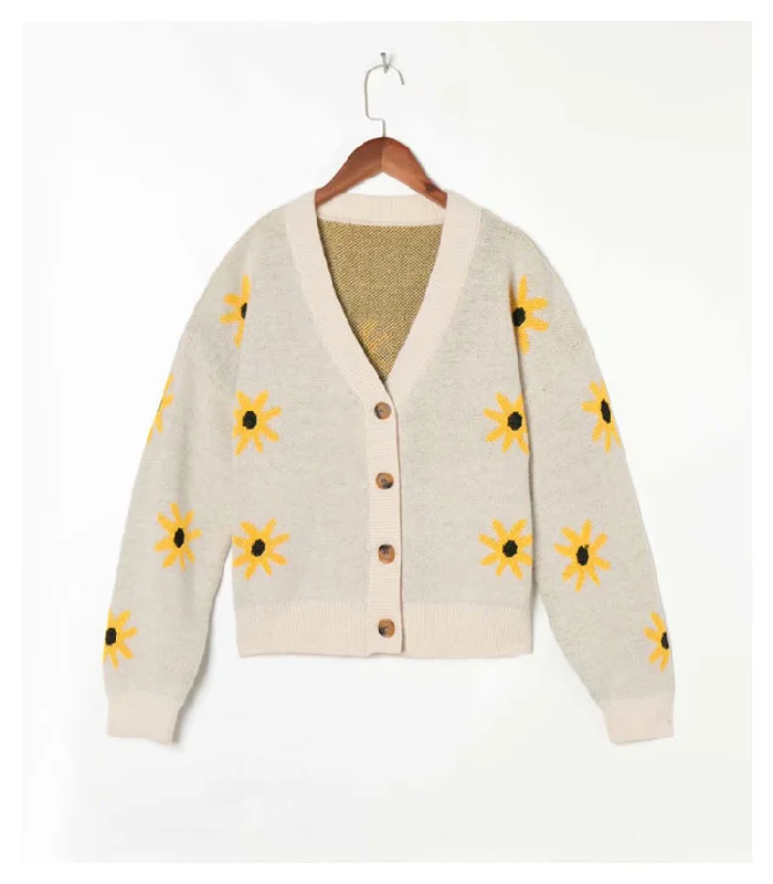 V-neck flower printed knitted cardigan autumn sweater coat  7257