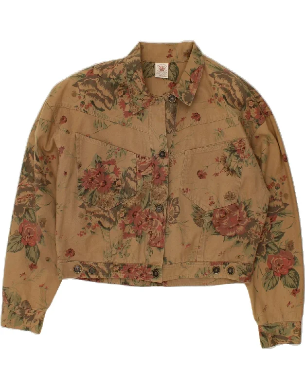 VINTAGE Womens Crop Bomber Jacket US 12 Large Brown Floral Cotton