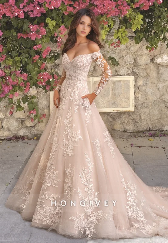 HONGIVEY Applique V-Neck Long Sleeves Tulle Wedding Dress with Train