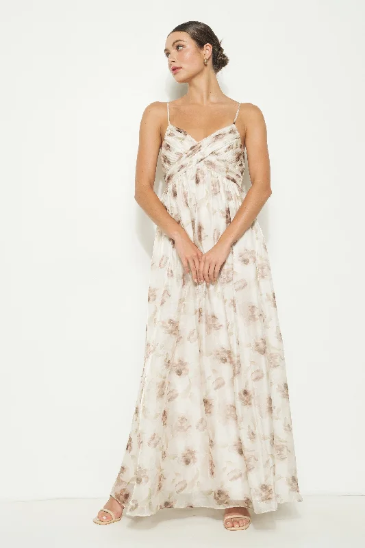 Taupe Multi Floral Print Sleeveless Maxi Dress