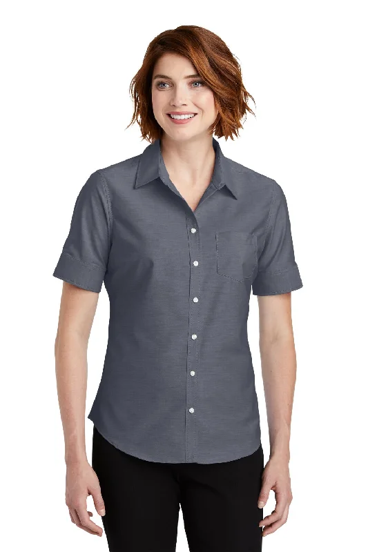 Port Authority Womens SuperPro Oxford Wrinkle Resistant Short Sleeve Button Down Shirt w/ Pocket - Black