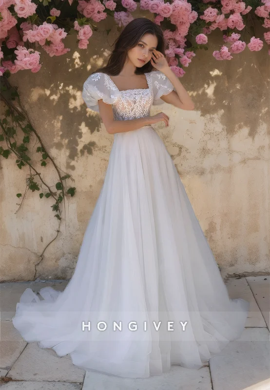 Sweet Square Short Sleeves A-Line Applique Tulle Wedding Dress New HONGIVEY