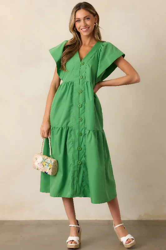 Living In A Small Town Green Button Front Midi Dress