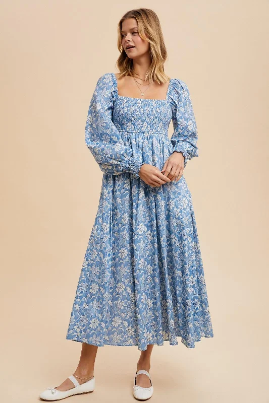 Light Blue Smocked Cotton Floral Maxi Dress