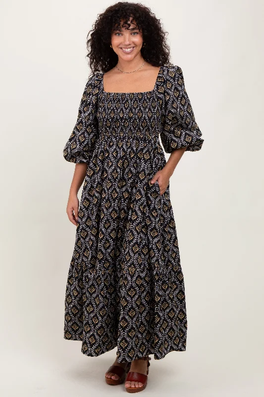 Black Damask Print Smocked Maxi Dress