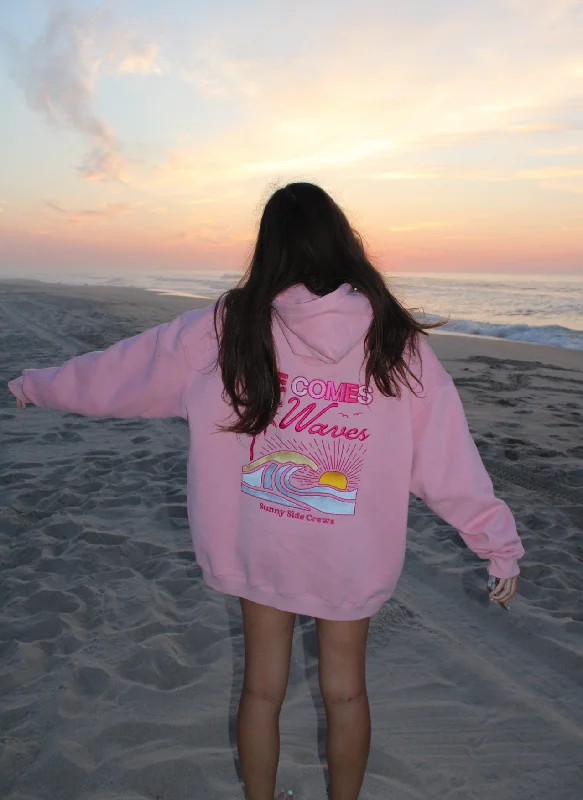 “Life Comes in Waves” Oversized “Blush Shores” Embroidered Hoodie