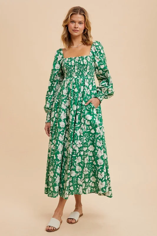 Green Smocked Cotton Floral Maxi Dress